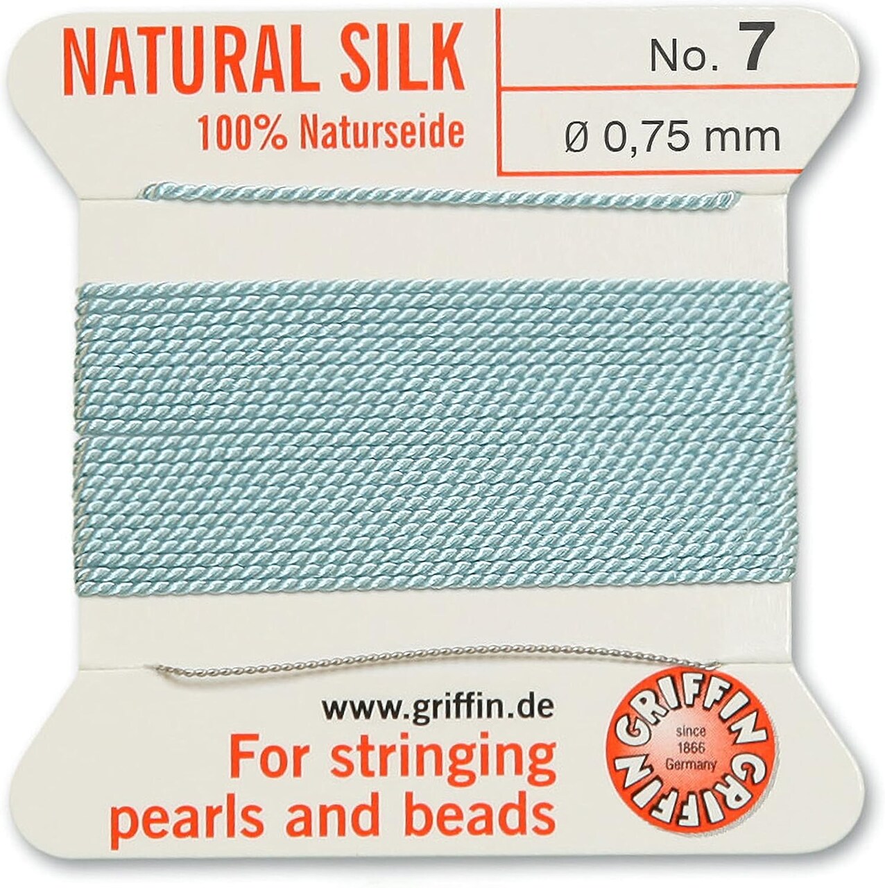 Griffin Silk Bead Cord Perlseide – Size 7 (0.75mm) – 2 Meters per Card – Stainless Steel Needle Attached – for Knotting Pearls, Gemstones, Crystals and Beads
